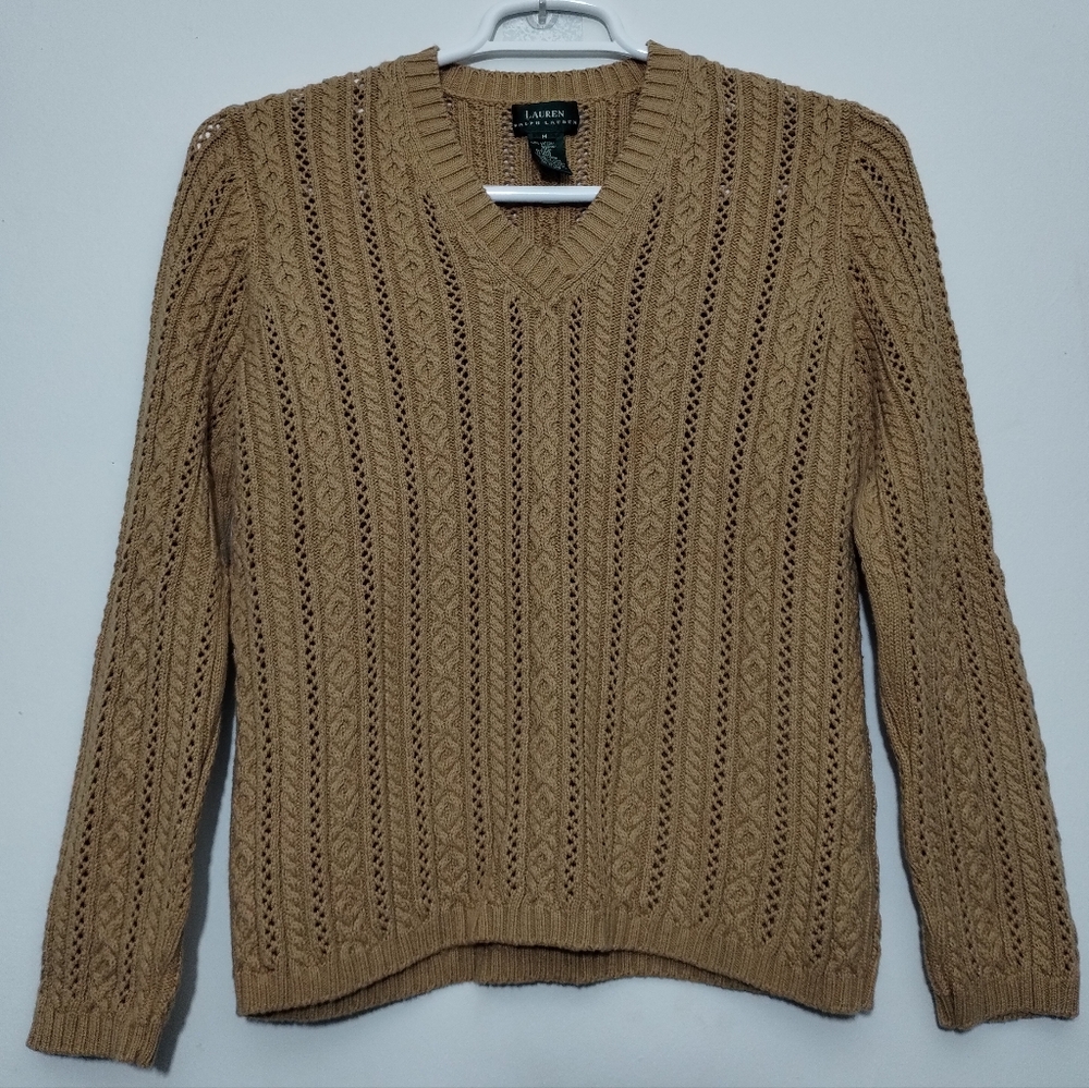 Lauren Ralph Lauren V-neck Cable Knit Pullover Sweater Fisherman Preppy Sz M